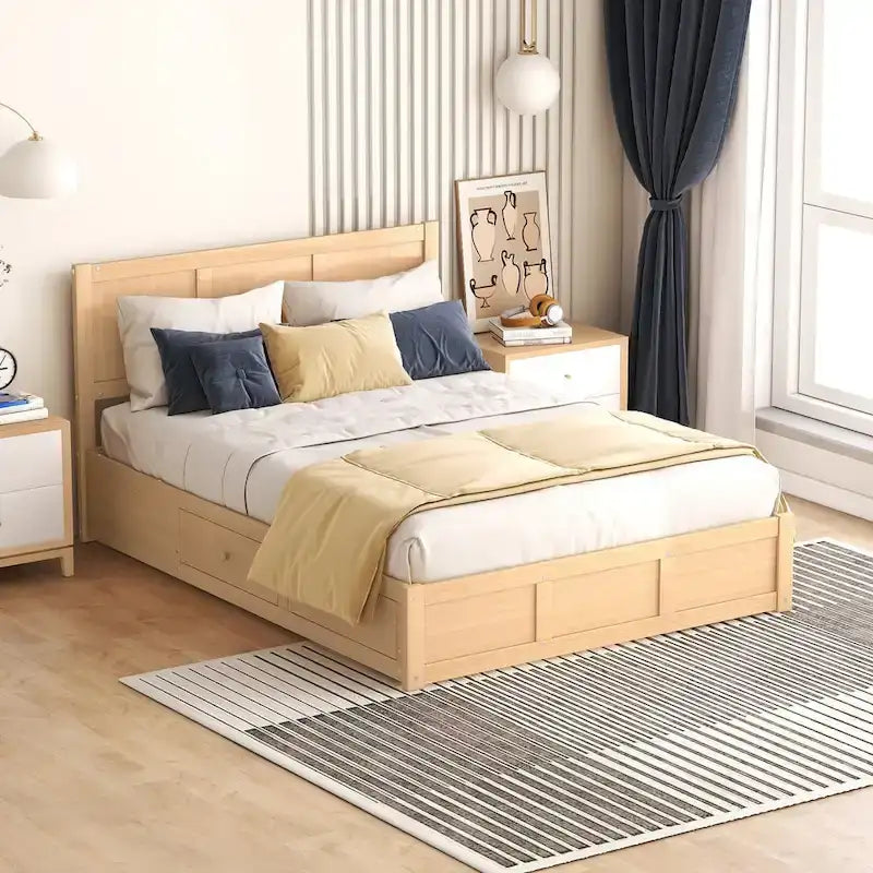 Full Size All-in-One Wood Platform Bed w/ Underneath Storage Upholstered Bed & 2 Drawers Space-Saving CreativeStorage Bed Frame