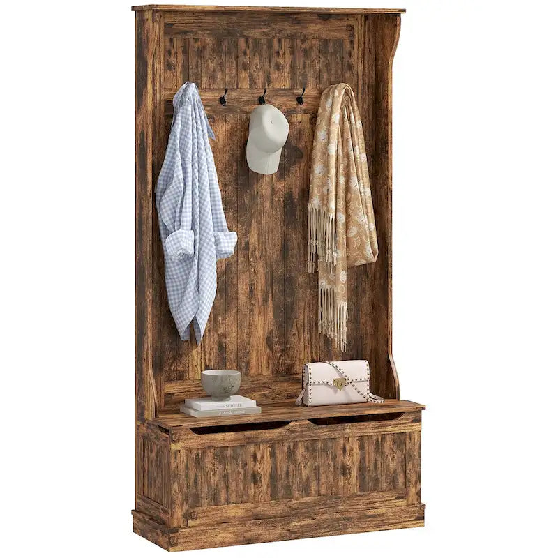 HOMCOM 38 3-In-1 Entryway Hall Tree with Storage Bench, Coat Rack with Four Hooks and Shoe Storage, Black